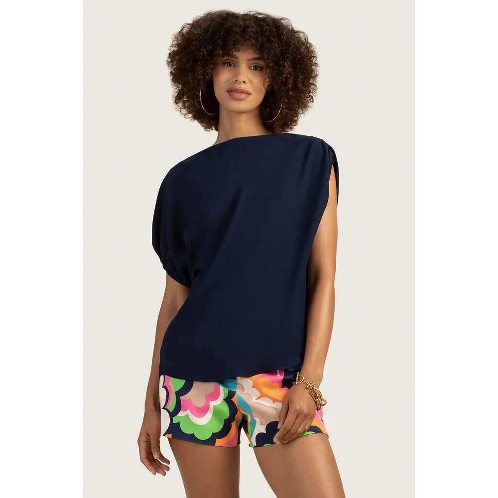 Trina Turk Top Women's Small Navy Blue Pixie Shoulder Asymmetrical Sleeve ERK224